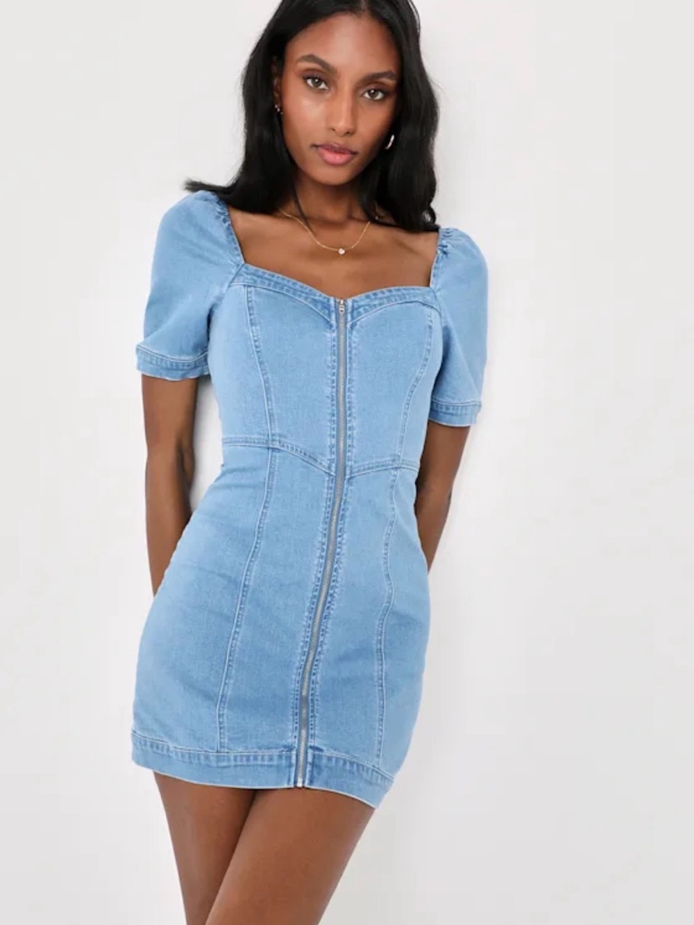 Lulu's Light Blue Denim Zip-Front Puff Sleeve Mini Dress